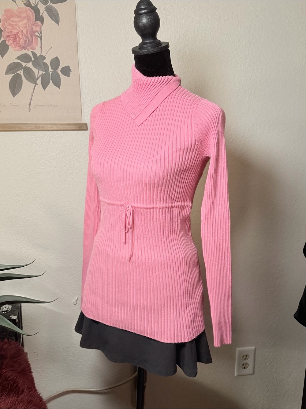 Pink Y2k Ribbed Drawstring Turtleneck Sweater - Picture 3 of 5